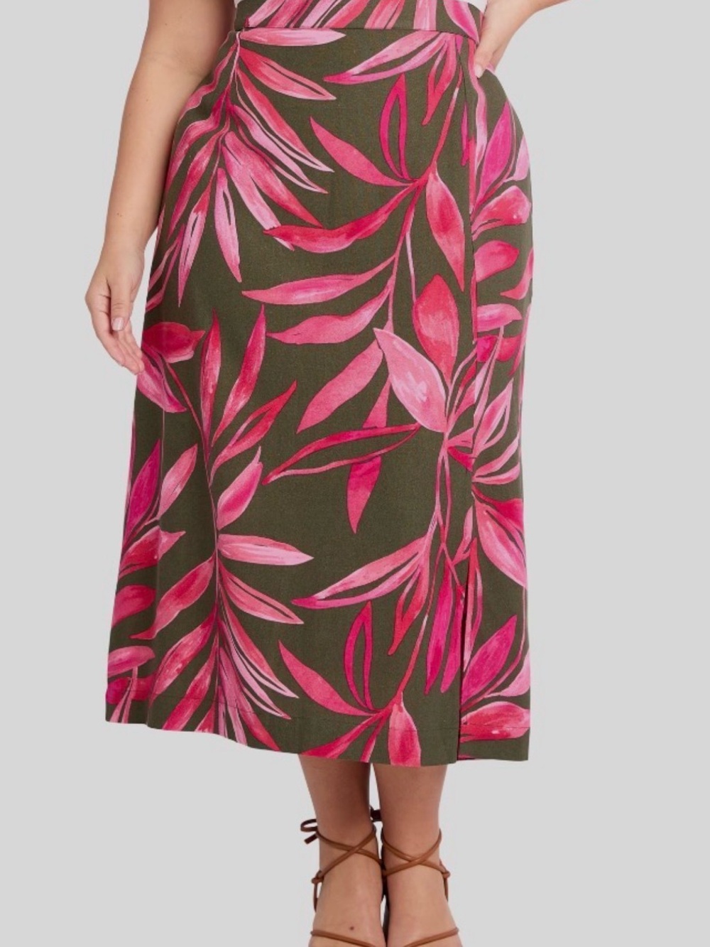 NEW Linen-Blend Pink & Olive Green Tropical Print  Skirt  - Time and Tru 22